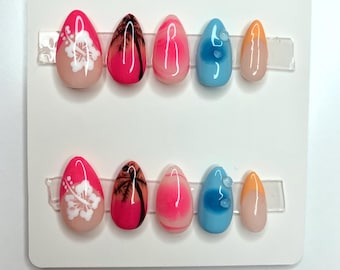 Uñas prensadas de almendra tropical hawaiana / Uñas prensadas tropicales / Uñas cortas de almendra / Uñas prensadas de hibisco / Uñas bonitas / Uñas de verano