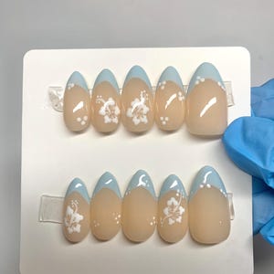 Blue Hibiscus Summer Almond Press on Nails | Hibiscus Press on Nails |  Almond Nails |  Press on Nails | Cute Nails | Summer Nails