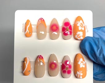 Uñas postizas de hibisco rosa y naranja / Uñas postizas tropicales / Uñas almendradas cortas / Uñas postizas de hibisco / Uñas bonitas / Uñas de verano