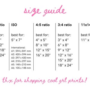 May include: A size guide for prints with different aspect ratios, including 2:3, ISO, 4:5, 3:4, and 11x14. The guide lists the best print sizes for each ratio, including measurements in inches. The text "thx for shopping cool grl prints!" is at the bottom of the guide.