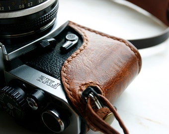 Handmade Brown leather camera case and strap combo for FM,FM2,FE,FE2,FM3a