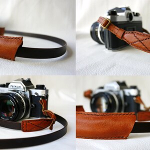 Handmade leather camera strap with brown neck pad Adjustable length made to order image 4