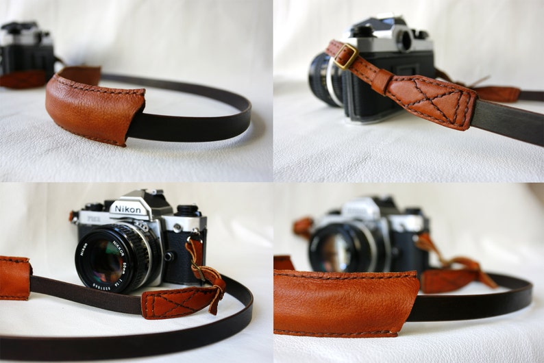Handmade leather camera strap with brown neck pad Adjustable length made to order image 4