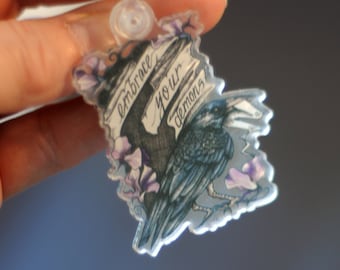 Illustrated Raven with Sweetpeas Keychain, 2 inch x 1.75 inch, "Embrace Your Demons" Pen and Ink Crow Art
