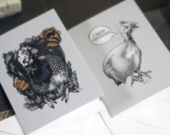Fine Art Cards Set (2) with Envelopes, Illustrated Guinea Fowl  5.5" x 4"