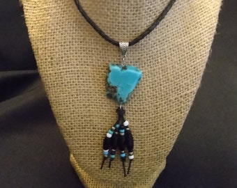 Black Braided Leather Turquoise Slab Necklace w/ Beads