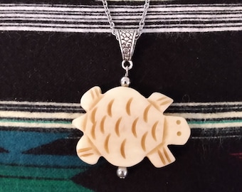 Eastern Woodlands Turtle Clan Bone Pendant Necklace - 304L Surgical Stainless Steel 20 inch Chain