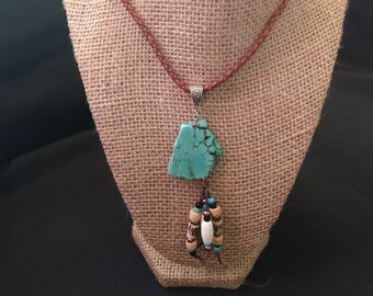 Brown Braided Leather Turquoise Slab Necklace w/ Beads