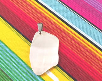 Eastern Woodlands Oyster shell Free form Pendant, 304L Stainless Steel Bail; One of a Kind; Unique