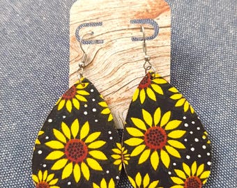 Handmade Sun Flower Cotton Fabric Wood Based Earrings, Country print, Lightweight, 304L Stainless Steel fish hooks w backs