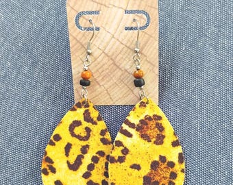 Leopard Fabric Handmade Earrings  w/ wooden beaded accents., Sold as set,  Fish hooks and findings are all 304L Surgical Stainless Steel;