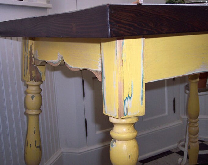 Vintage Kitchen Table Shabby Yellow With Darkwood Top 33 X Etsy