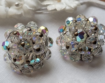 Vintage AB Earrings, Aurora Borealis Clip On Earrings, Formal