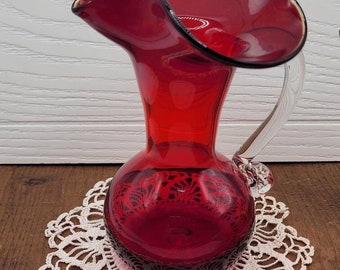 Small Ruby Vase with Glass Handle, Vintage Ruby Pitcher