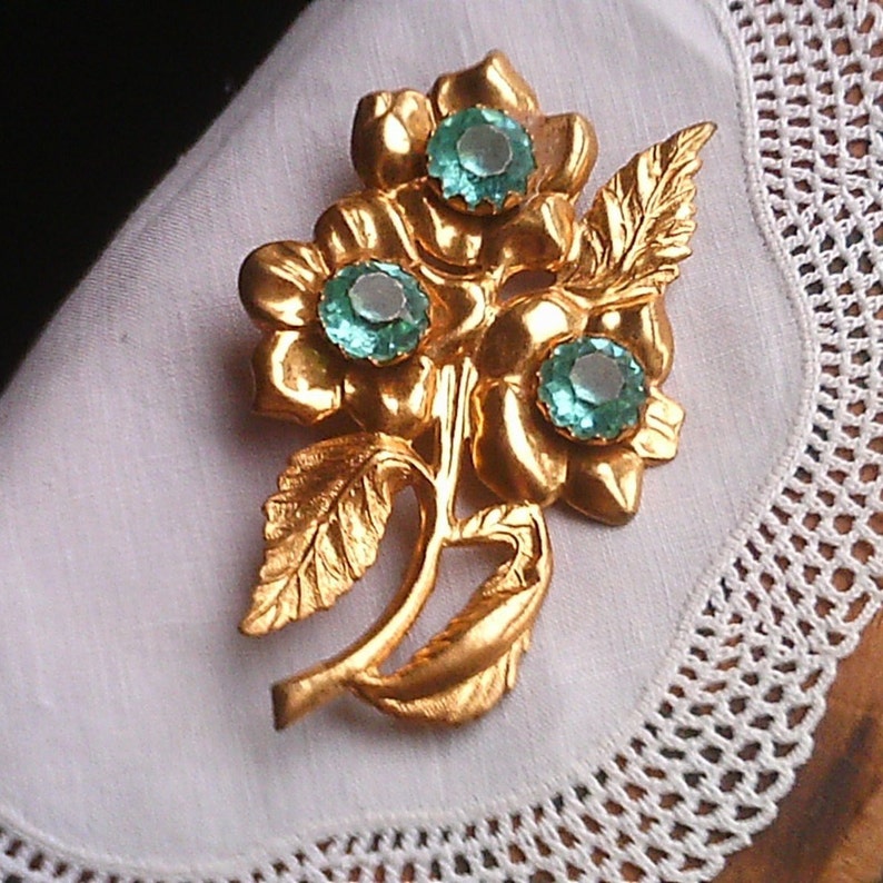 Green Rhinestone Victorian Brooch Gold Flower with Aqua image 0