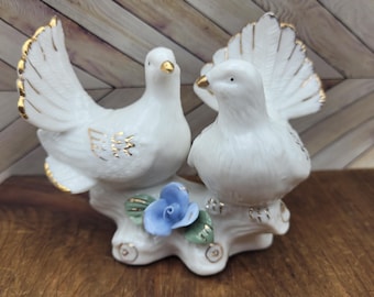 スカイブルーの陶器製鳩の鳥の置物 - 2 個セット | 鳩の陶器彫刻 | 鳥