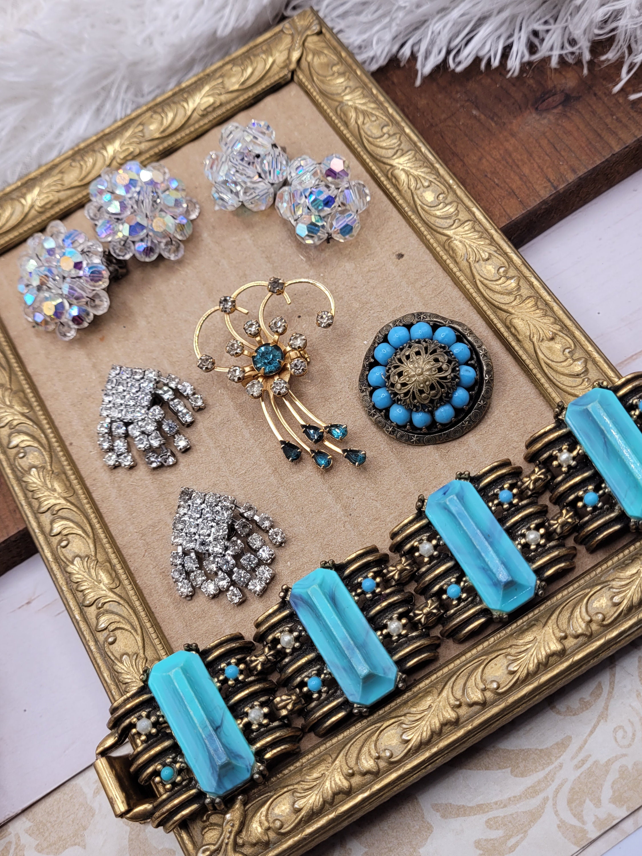 Vintage Jewelry Lot, Rhinestones, AB Earrings, Bracelet