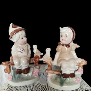 Boy and Girl Figurine Set, Sitting on a Fence, Country Scene