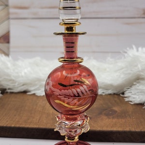 Vintage Cranberry Etched Glass Perfume Bottle with Dauber