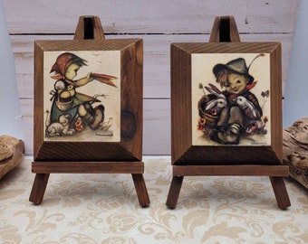 Little Hummel Plaques on Easels, Vintage Wood Plaque Set, 1970's