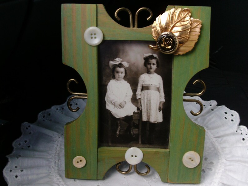 Green Frame Victorian Girls Brass with Buttons Antique Children/'s Photo Handmade Frame Green Wood Frame