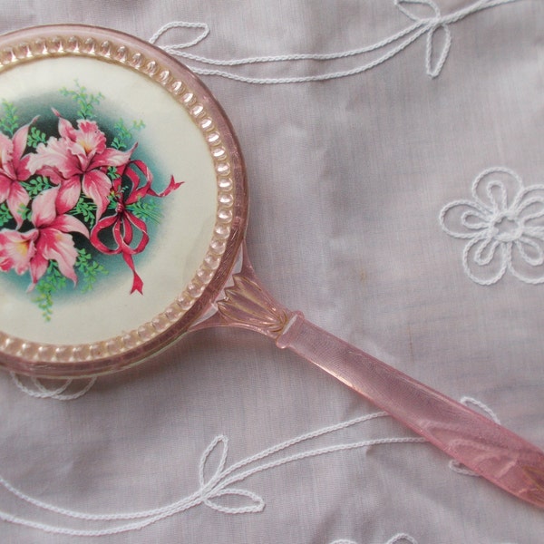 Vintage 1950's Lucite Hand Mirror, Pink with Floral, Vanity Decor