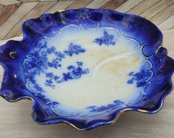 Bol grande de porcelana azul antigua Flow Blue, borde festoneado, 9 pulgadas, sin desconchones.