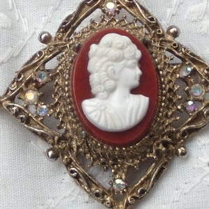 Vintage Cameo Brooch, Rhinestone Filigree Brooch, Victorian Style, Jewelry Gift for Her, Antique Brass