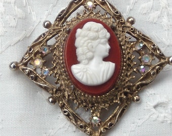 Vintage Cameo Brooch, Rhinestone Filigree Brooch, Victorian Style, Jewelry Gift for Her, Antique Brass