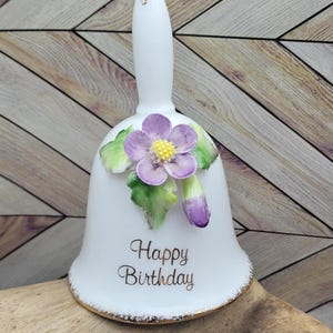 Vintage Porcelain Bell, Happy Birthday, White Bell, Purple Flowers