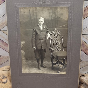 Cabinet Card Victorian Boy, Antique Photo, Ornate Chair, 6 x 9
