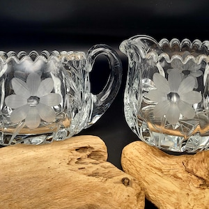Open Sugar Bowl & Creamer Set, Vintage Tiffin Franciscan Clear Cut Glass, EAPG with Flower Design