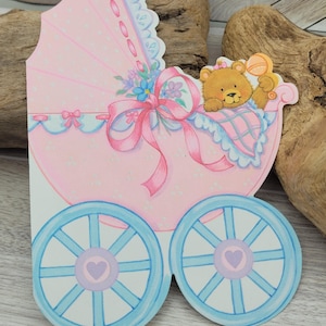 Vintage Baby Karte, Willkommen Baby Mädchen Hallmark Karte, Kinderwagen, Pink