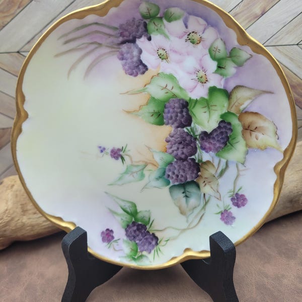 Bavaria Small Plate, Decorative Purple Berries, Artist- Signed, 1940s