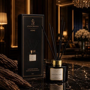 May include: A black reed diffuser bottle with a gold collar and black reeds, accompanied by a matching black rectangular box. The label on both the bottle and box features the text Dahab Aromas Home and Majestic Oud in gold lettering.