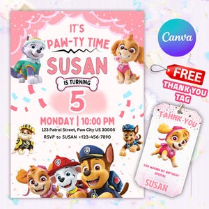 Invito di compleanno Paw-ty Girl, invito modificabile, invito per festa di cuccioli, invito di compleanno per cuccioli, invito per festa, invito di compleanno