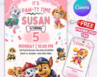 Paw-ty Girl Birthday Invitation, Editable invitation, Puppy Party Invite, Puppies Birthday Invitation, Party Invitation, Birthday Invitation