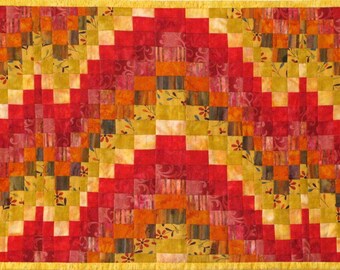 Bargello Quilted Coffee Table Runner in Reds and Yellows