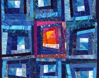 Wall Hanging Abstract Quilt Art Wonky Log Cabin Blue Patchwork Limited Edition