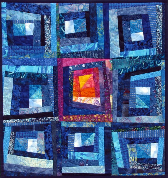 Wall Hanging Abstract Quilt Art Wonky Log Cabin Blue Patchwork Etsy