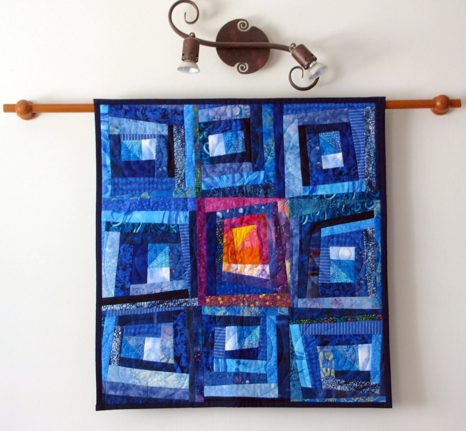 Wall Hanging Abstract Quilt Art Wonky Log Cabin Blue Patchwork Etsy