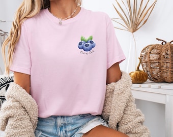 Camiseta unisex teñida con arándanos, ideal como regalo para los amantes de los arándanos, con estampado de frutas, divertida camiseta de comida y estampado de bayas.