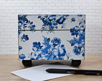 Blue Flower Index Card Box, Kitchen Recipe Card Organization