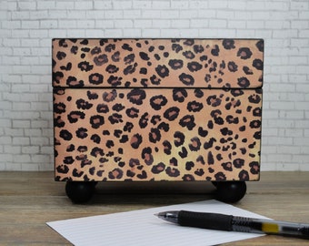 Recipe Card Box, 4 x 6 Index Card Holder in a Leopard Print, Wedding Card Storage