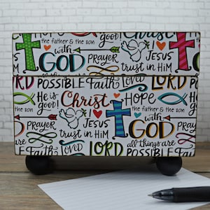 Index Card Box with Faith Words, Recipe Box, Primary Colors, Scripture Storage, Bible Verse