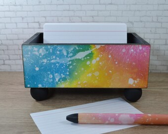 Index card Storage Bin, Summer Rainbow Design, Desk Organizer, Kitchen Recipe holder, Dorm Decor