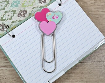 Triple Hearts, Jumbo Paperclip Bookmark, Seafoam Green and Pink, Index Card Binder Clip, Gift for Book Lover