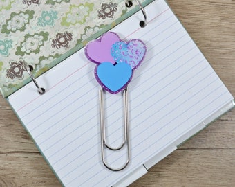 Triple Hearts, Jumbo Paperclip Bookmark, Lavender and Blue, Index Card Binder Clip, Gift for Book Lover