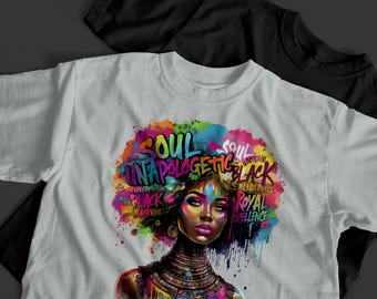 Camiseta "Black Queen" sin complejos, camiseta "Afrocentric Soul Expression", camiseta "Vintage Melanin Woman", camiseta "Empowerment Art", camiseta "Urban Style"