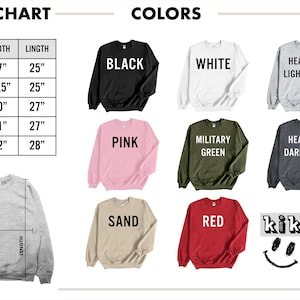 Puede incluir: Tabla de tallas con medidas en pulgadas para sudaderas, incluyendo ancho y largo. Opciones de color: negro, blanco, rosa, verde militar, arena, rojo y gris jaspeado. Tambi&eacute;n se ve el logo de la tienda.